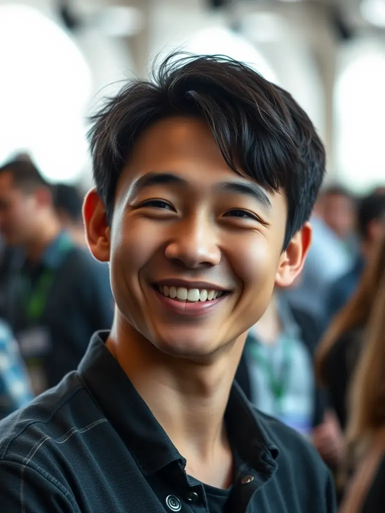 A professional headshot of a software engineer attending a tech conference, smiling and engaged in a conversation with another attendee, with a focus on capturing the networking aspect.