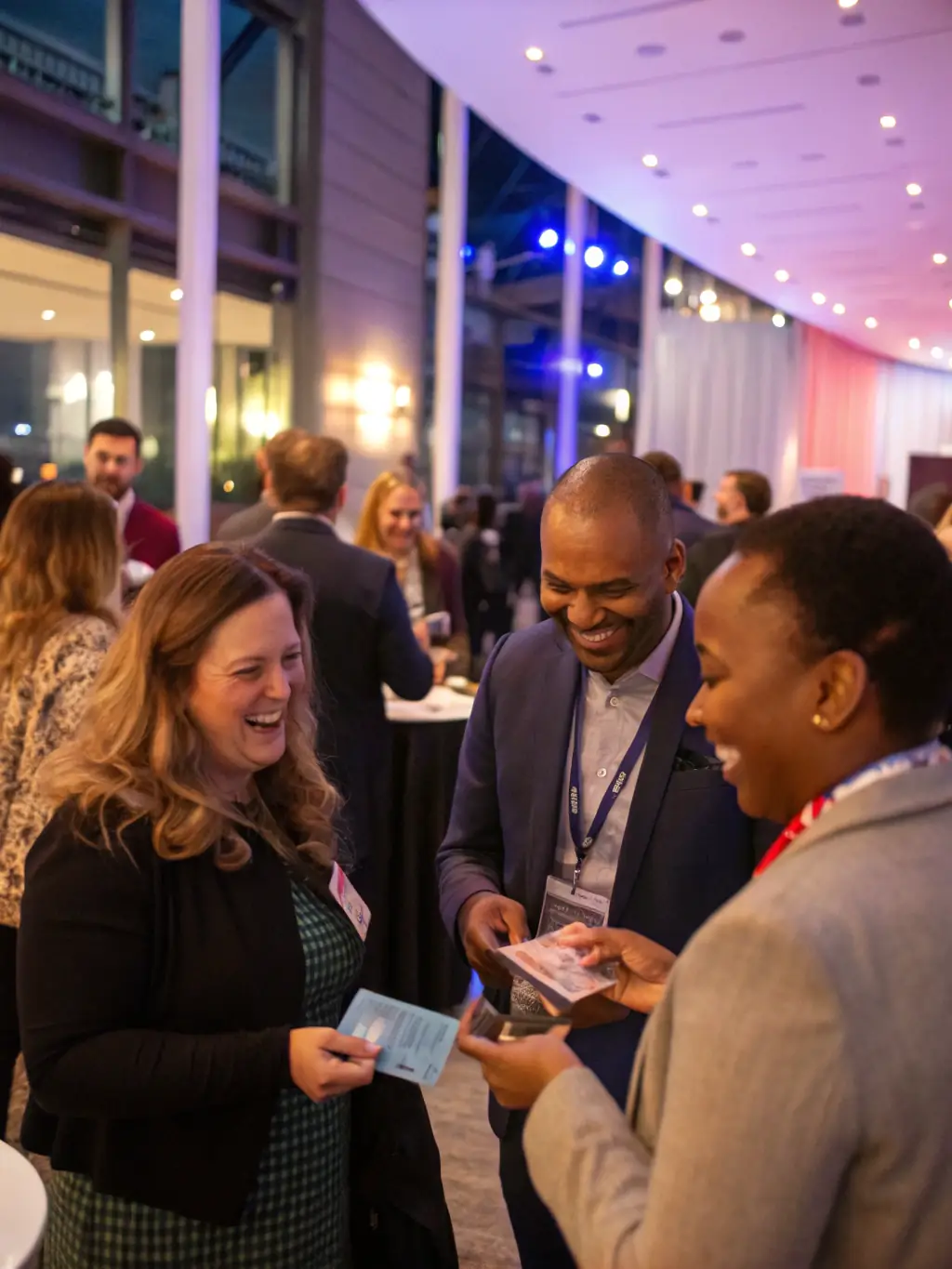 A photograph of a crowded networking event in Silicon Valley, with people actively engaged in conversations and exchanging business cards, under bright, modern lighting.