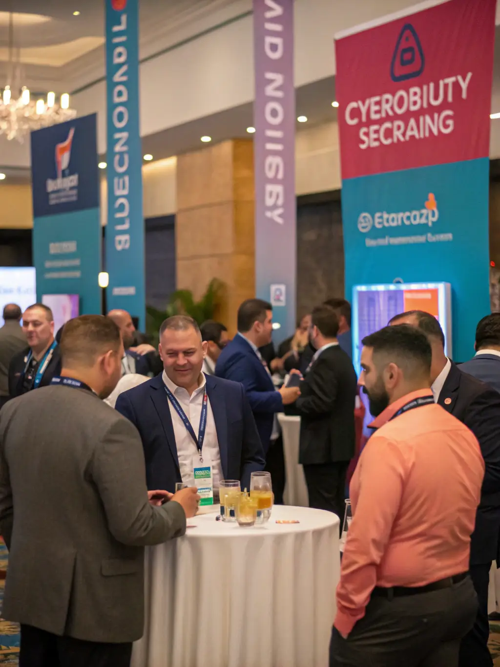A photograph of a cybersecurity conference, with attendees listening to a keynote speaker and exploring vendor booths.
