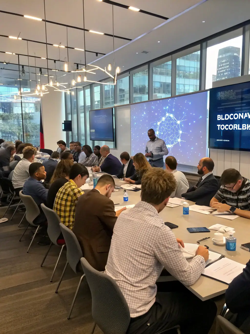 A photograph of a workshop session on blockchain technology, with participants working on laptops and a speaker presenting on a screen.