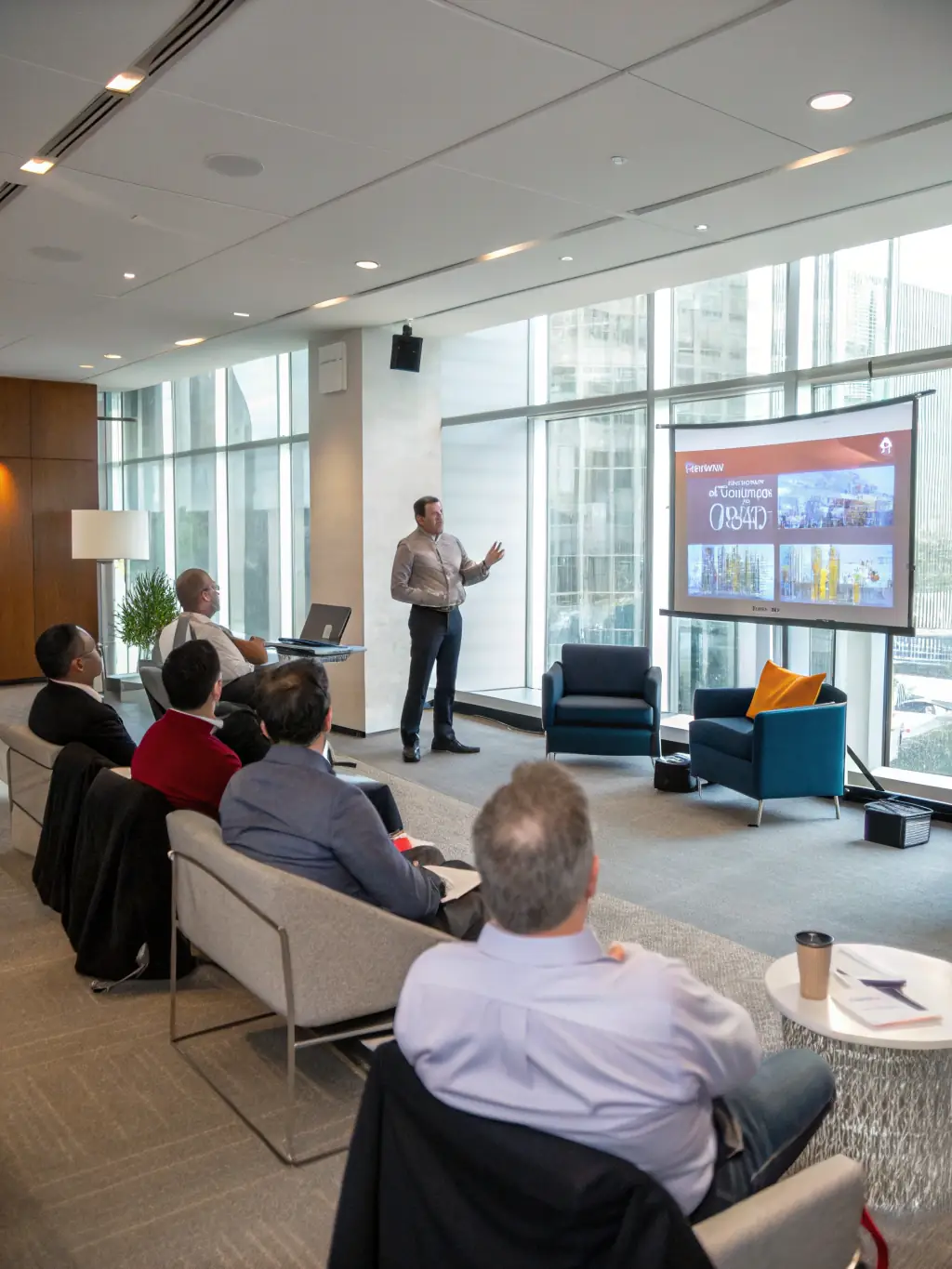 A photograph of a startup pitch event, with entrepreneurs presenting their ideas to a panel of investors and venture capitalists.