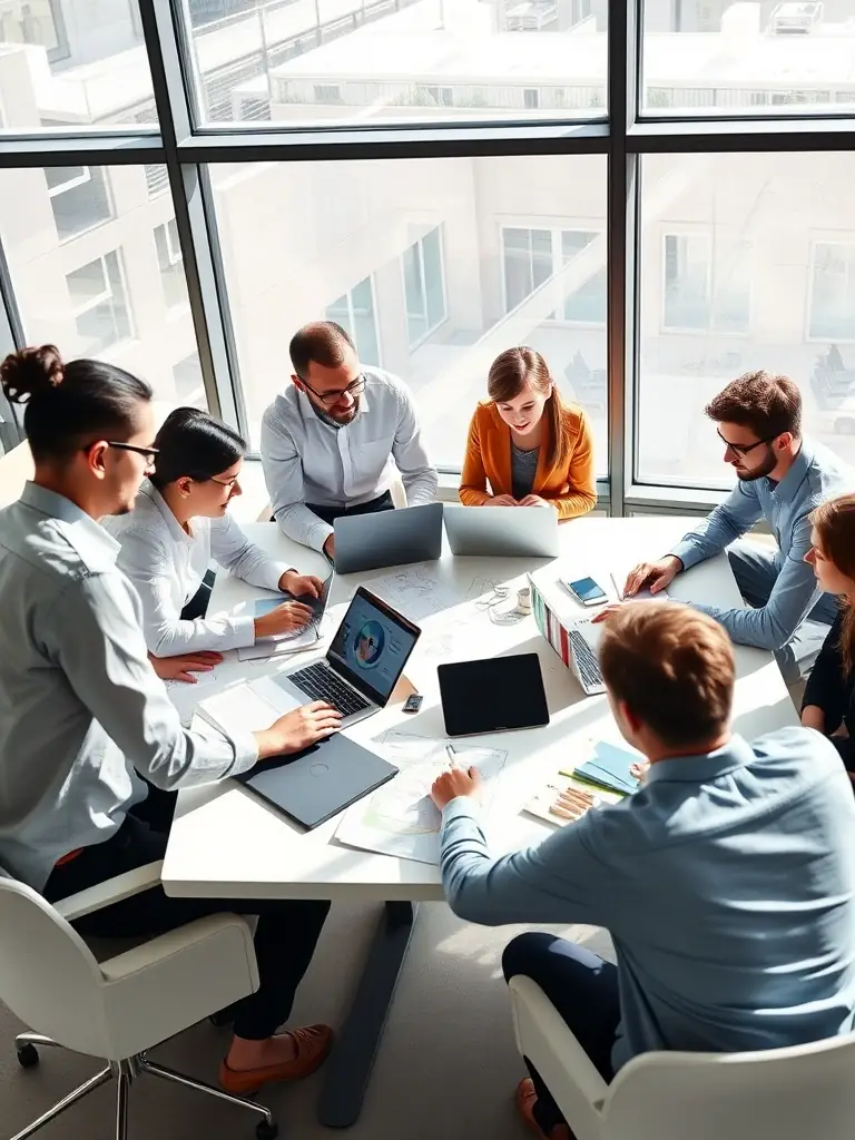 A diverse group of tech professionals collaborating around a table at a startup pitch event, with laptops and documents spread out, showcasing teamwork and innovation.